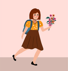 Schoolgirl with flowers in a flat style. Back to school concept. Little girl student. Vector illustration