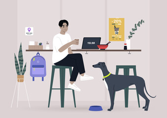 A male Asian freelancer having lunch with their pet in a dog friendly cafe, a counter with bar stools