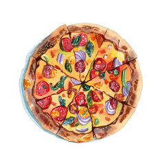 Watercolor pizza pepperoni poster, cheese and sausages. Fast food menu, tasty recipe for cafe. Logo design, restaurant banner. Unhealthy eating. Raster stock illustration in realism, white isolated.