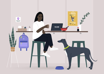 A female Black freelancer having lunch with their pet in a dog friendly cafe, a counter with bar stools