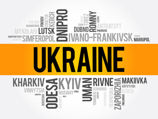 List of cities in Ukraine word cloud collage, business and travel concept background