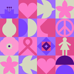 Breast cancer pink mosaic icon seamless pattern