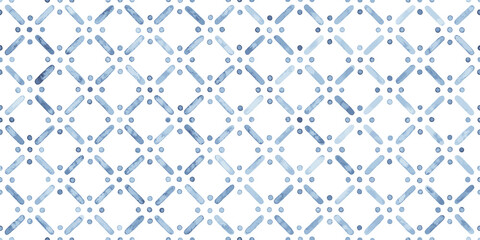 Seamless watercolor pattern. Blue geometric elements on a white background. Handmade. Geometric ornament, bohemian cute print. Uneven edges. Vector illustration. - 450328731