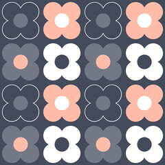 Abstract Nordic style flower garden illustration with colorful (blue, navy blue, white, pink) flowers decoration in bloom on dark blue background