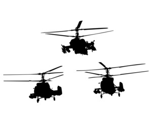 Fototapeta na wymiar War helicopter flies across the sky. Isolated silhouette on white background