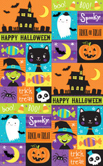 Seamless, Halloween Character Vector Pattern featuring witches, ghosts, black cats, jack-o-lanterns, haunted house, trick or treats and more. This image repeats to make a great background.