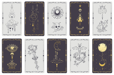 A set of alchemical esoteric mystical magic templates for tarot cards, banners, leaflets, posters,brochures, stickers. Esoteric linear engravings with astrological symbols. Cards with esoteric symbols - obrazy, fototapety, plakaty