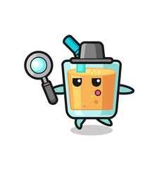 orange juice cartoon character searching with a magnifying glass