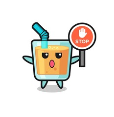orange juice character illustration holding a stop sign