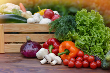 Fresh organic vegetables in a wooden box and on a wooden table on the background of a vegetable garden.Concept of biological, bio products, bio ecology, gardening, healthy food, vegetarianism.