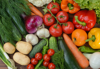 Colorful set organic food. Fresh raw vegetables. Healthy vegetarian food.Vegetarian eating concept.Top view.Flat lay