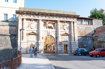 The Landward gate with the Lion of Saint Mark in Zadar. Zadar is a city in Croatia, the historical...