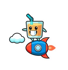 orange juice mascot character riding a rocket