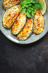 mussels baked with cheese seafood cream sauce outdoor meal snack on the table copy space food background rustic. top view keto or paleo diet vegetarian food pescetarian diet