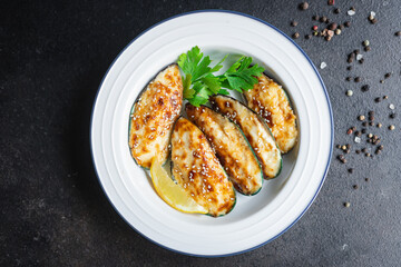 mussels baked with cheese seafood cream sauce outdoor meal snack on the table copy space food background rustic. top view keto or paleo diet vegetarian food pescetarian diet