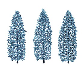 Set of beautiful trees in blue colors isolated on white background.