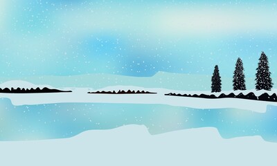 Lake covered with snow, frozen water, three fir trees, snowfall.
