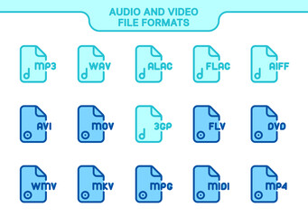 Vector icon set. audio and video file formats line color collection: mp3, wav, alac, flac, aiff, avi, mov, 3gp, flv, dvd, wmv, mkv, mpg, midi, mp4
