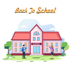 Obraz na płótnie Canvas Students back to school and greet each other in front of the school. Flat vector template Style Suitable for Web Landing Page.