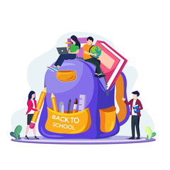 students are preparing to back to school with giant school backpack with supplies. Flat vector template Style Suitable for Web Landing Page.