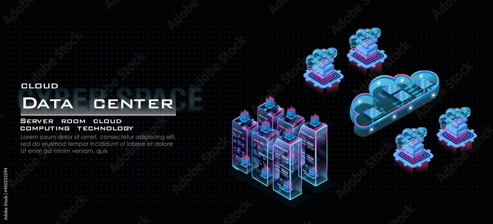 Poster server room work process. web hosting. data center isometric concept. big data storage concept and c