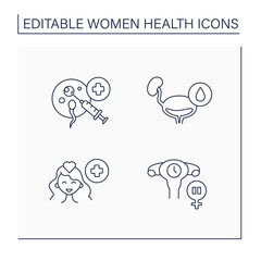 Women health line icons set.Reproductive system diseases. Urinary incontinence, mental care, menopause, IVF. Healthcare concept. Isolated vector illustrations.Editable stroke