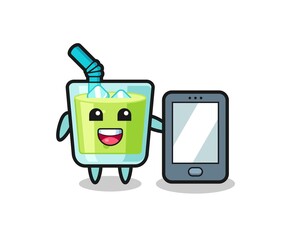 melon juice illustration cartoon holding a smartphone