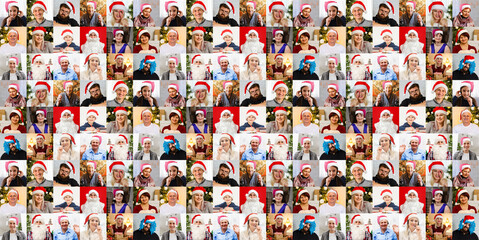 Remote Christmas video party. zoom call celebrate New Year 2022 Online video conferencing. red Santa hat. Virtual meeting conference calling from home