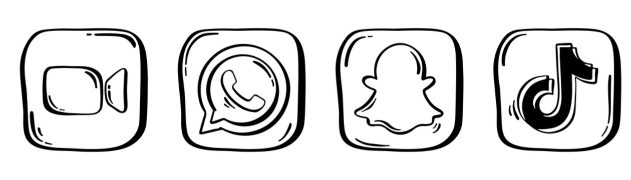 Zoom, WhatsApp, Snapchat, TikTok. Social media in doodle. Sketch style of Snapchat and TikTok. Editorial vector. Rivne, Ukraine - August 11, 2021