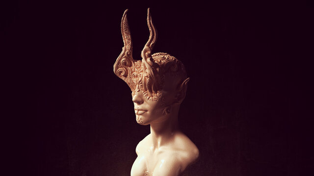 Alien Head Demon Queen Statue Ancient Face Art Sculpture 3d illustration render	