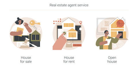 Real estate agent service abstract concept vector illustration set. House for sale and for rent, open house, best deal, booking, residential and commercial property, mortgage broker abstract metaphor.