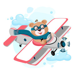 Teddy bear pilot flies on an airplane. Vector illustration of a cheerful bear cub in a cartoon style.