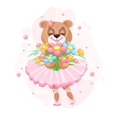 Teddy bear ballerina in a tutu with a bouquet of flowers. Vector illustration of a cute and dreamy girl teddy bear in a cartoon style.