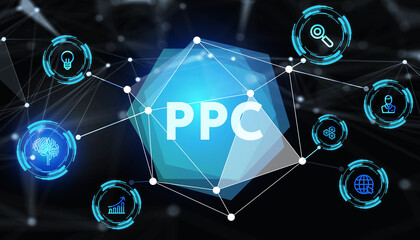 Pay per click payment technology digital marketing internet concept of virtual screen. PPC