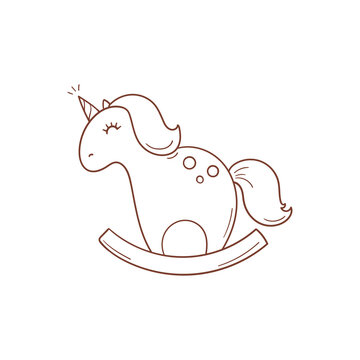Hand drawn cute rocking horse unicorn on a white background in doodle style