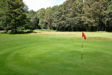 Obraz premium Golf green with red flag and ball on Chorleywood Common, Hertfordshire