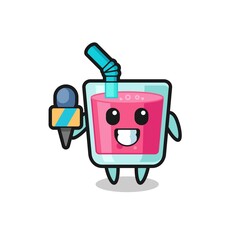 Character mascot of strawberry juice as a news reporter
