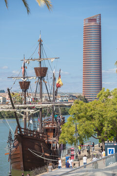 Visitors At Nao Victoria Replica, Seville Port, Spain