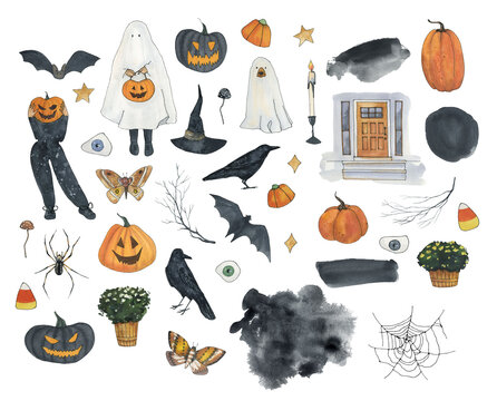 Kawaii halloween clipart, Watercolor fall pumpkin clip art, ghost and cute scarecrow postcard, Autumn sublimation print, horror invitation.