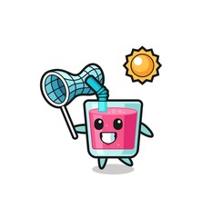 strawberry juice mascot illustration is catching butterfly