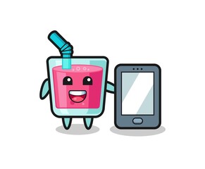 strawberry juice illustration cartoon holding a smartphone