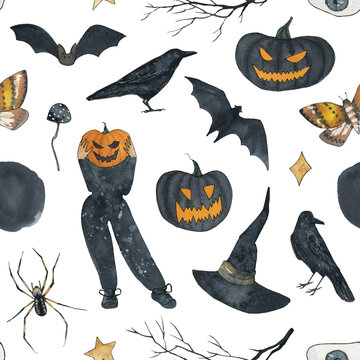 Halloween digital paper, Watercolor spooky pumpkin seamless pattern, Fall background, Horror scarecrow and ghost