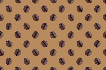 Seamless pattern of aromatic coffee beans on a dark brown background