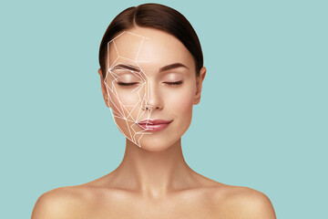 Golden ratio female face portrait. Personalized skincare concept. Face symmetry - obrazy, fototapety, plakaty