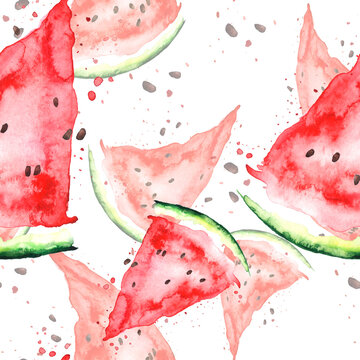 Watercolor seamless vintage pattern with red watermelon pattern. Slices, watermelon fruit. Watercolor fruit seamless pattern.watermelon seeds, spray, watermelon juice.Splashes, splash of paint