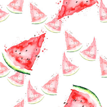 Watercolor seamless vintage pattern with red watermelon pattern. Slices, watermelon fruit. Watercolor fruit seamless pattern.watermelon seeds, spray, watermelon juice.Splashes, splash of paint
