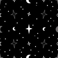 Seamless pattern black night sky, bright stars, vector repeat mystical illustration on black background
