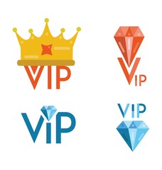 VIP Flat Design Logos. 4 VIP Logos. Crown And Diamonds Icon