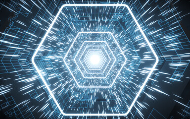 Tunnel and neon with blue background, 3d rendering.