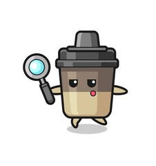 coffee cup cartoon character searching with a magnifying glass
